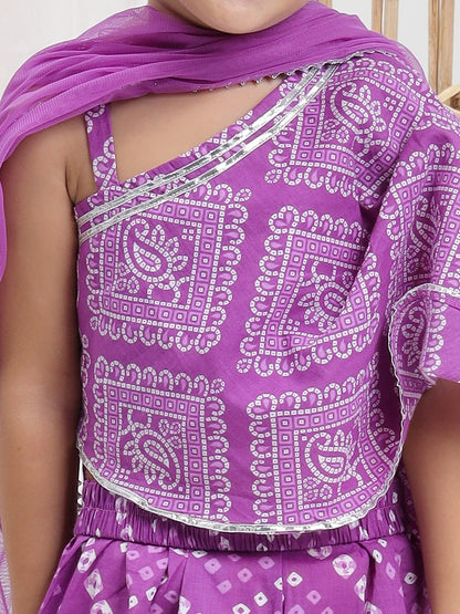 Girls Bandhani Printed Pure Cotton Asymmetric Top With Palazzos & Dupatta - ITSYBOO