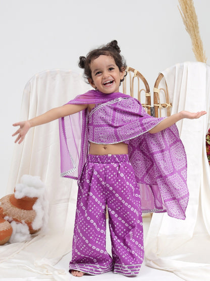 Girls Bandhani Printed Pure Cotton Asymmetric Top With Palazzos & Dupatta - ITSYBOO