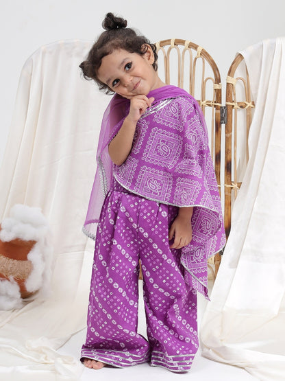 Girls Bandhani Printed Pure Cotton Asymmetric Top With Palazzos & Dupatta - ITSYBOO