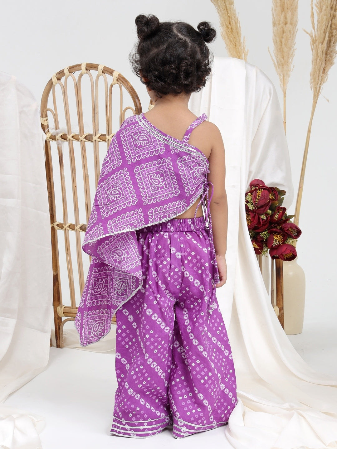 Girls Bandhani Printed Pure Cotton Asymmetric Top With Palazzos & Dupatta - ITSYBOO