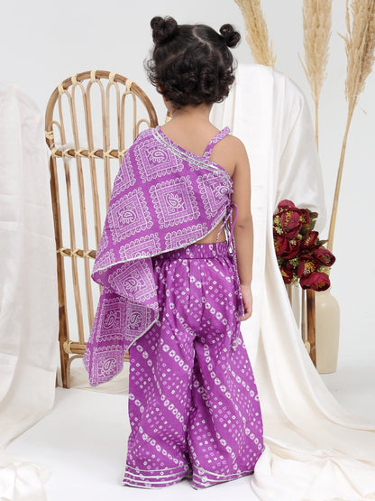 Girls Bandhani Printed Pure Cotton Asymmetric Top With Palazzos & Dupatta - ITSYBOO