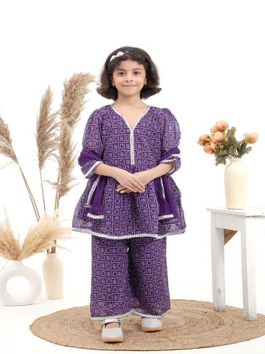 Purple Bandhni Printed Georgette Suit- Set of 3