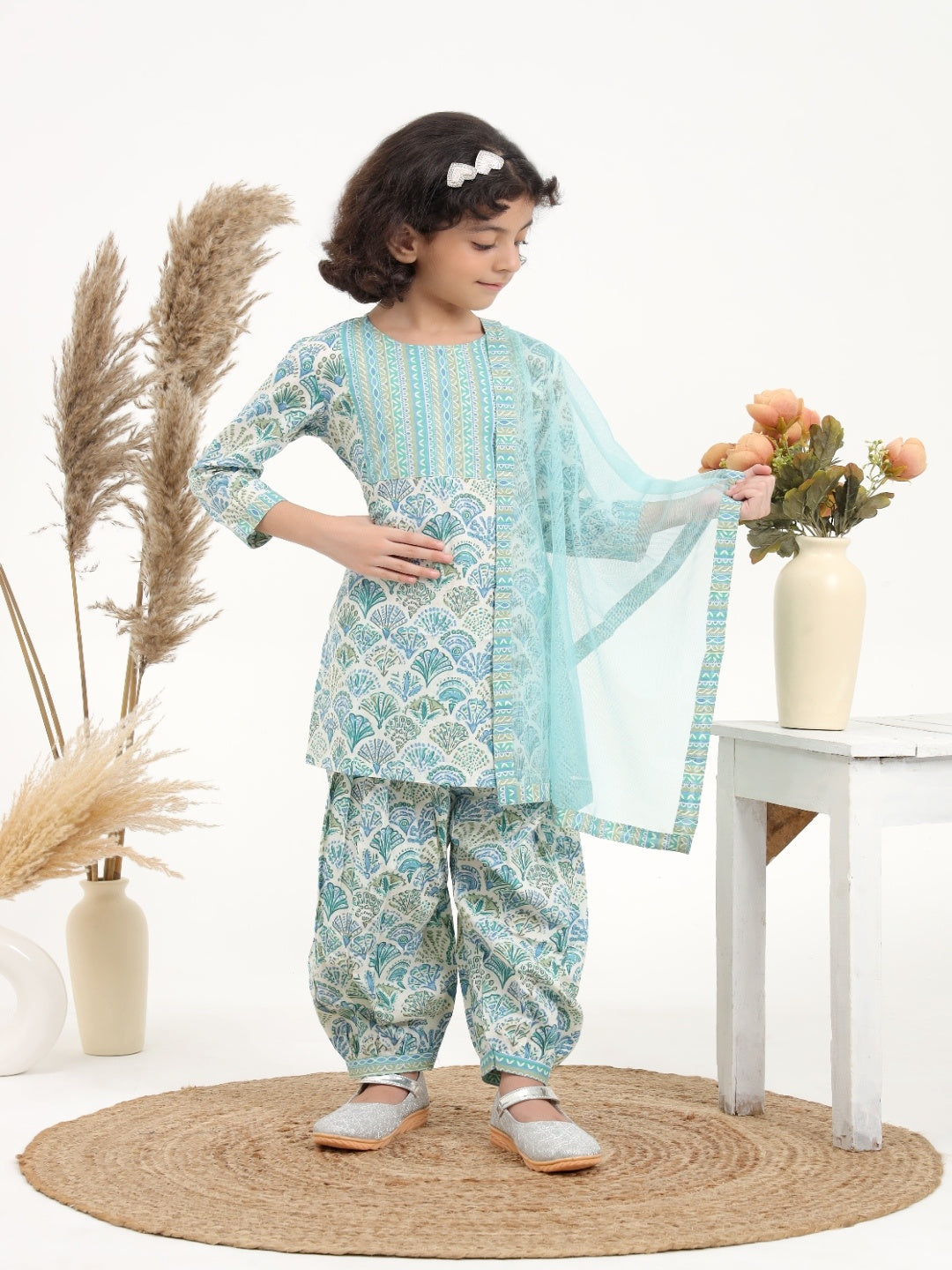 Green and Blue Printed Cotton Suit - Set of 3