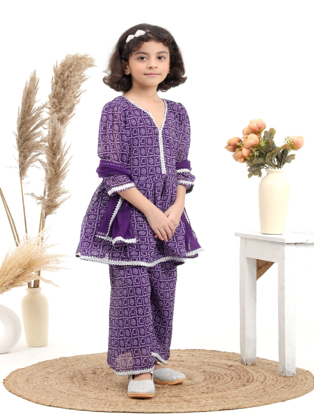 Purple Bandhni Printed Georgette Suit- Set of 3