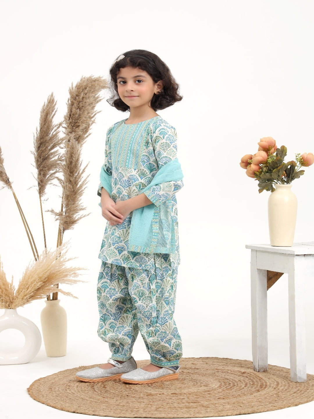 Green and Blue Printed Cotton Suit - Set of 3