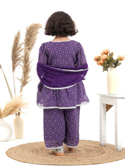 Purple Bandhni Printed Georgette Suit- Set of 3 - ITSYBOO