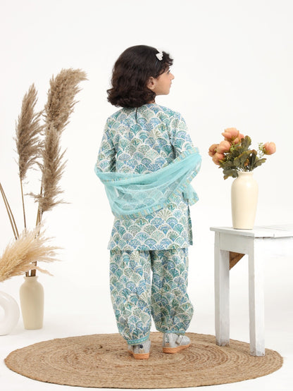 Green and Blue Printed Cotton Suit - Set of 3 - ITSYBOO