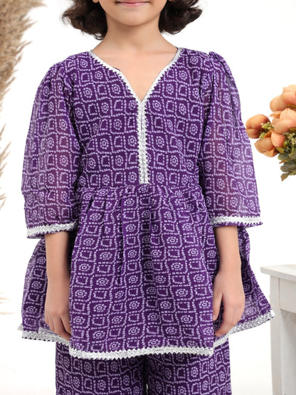 Purple Bandhni Printed Georgette Suit- Set of 3 - ITSYBOO