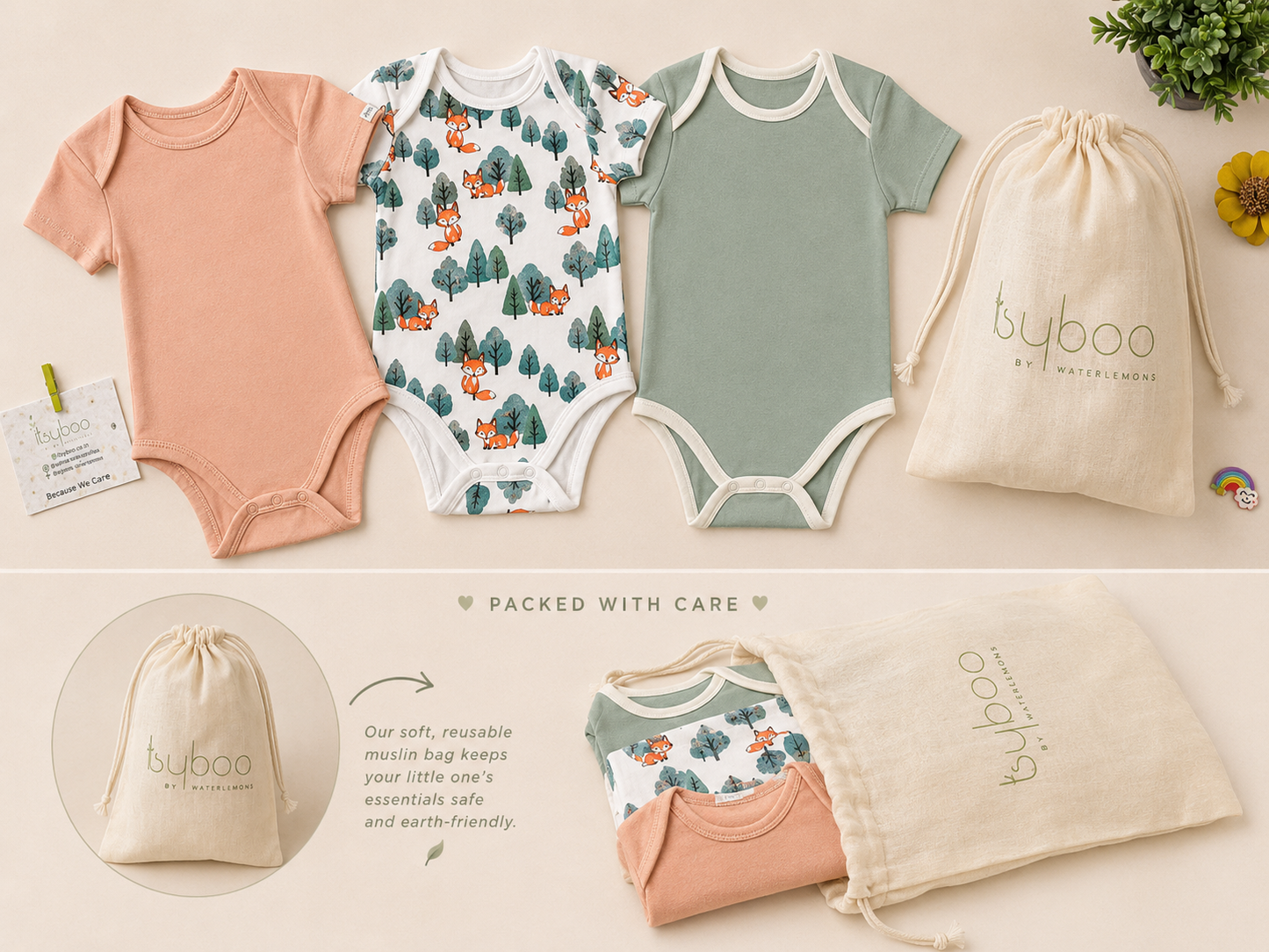 Organic Cotton Half Sleeve Onesie Bundle (Pack of 3) | Coral, Green & Fox Print | Itsyboo