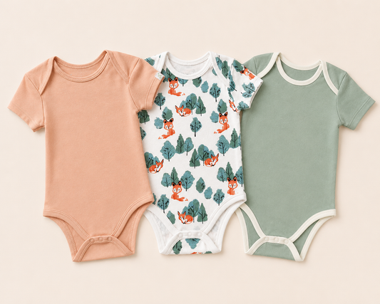 Organic Cotton Half Sleeve Onesie Bundle (Pack of 3) | Coral, Green & Fox Print | Itsyboo