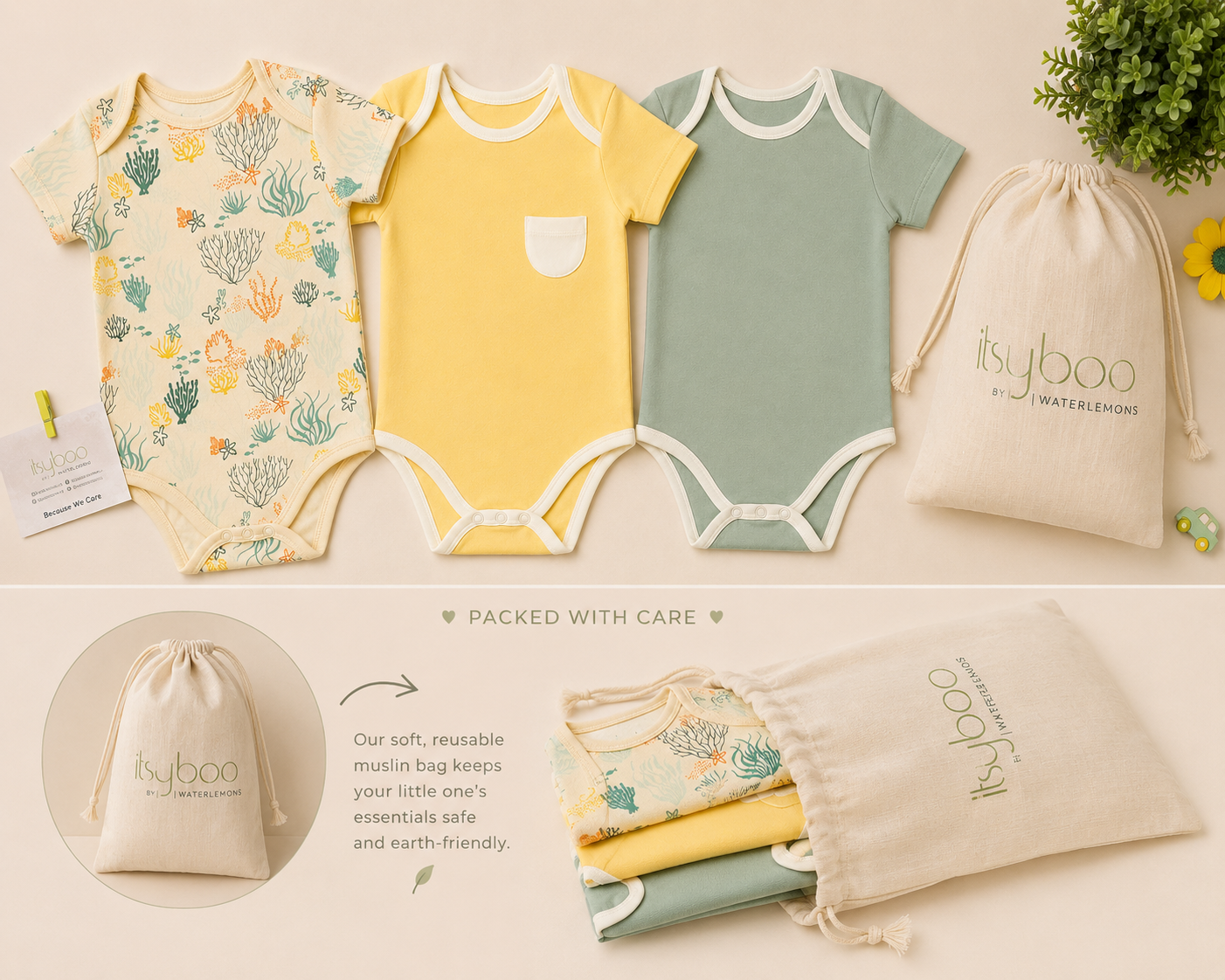 Organic Cotton Half Sleeve Onesie Bundle (Pack of 3) | Yellow, Green & Reef Print | Itsyboo (Copy)