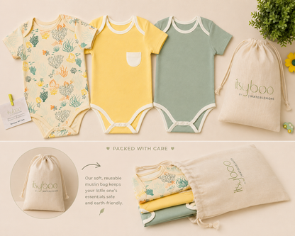 Organic Cotton Half Sleeve Onesie Bundle (Pack of 3) | Yellow, Green & Reef Print | Itsyboo (Copy)