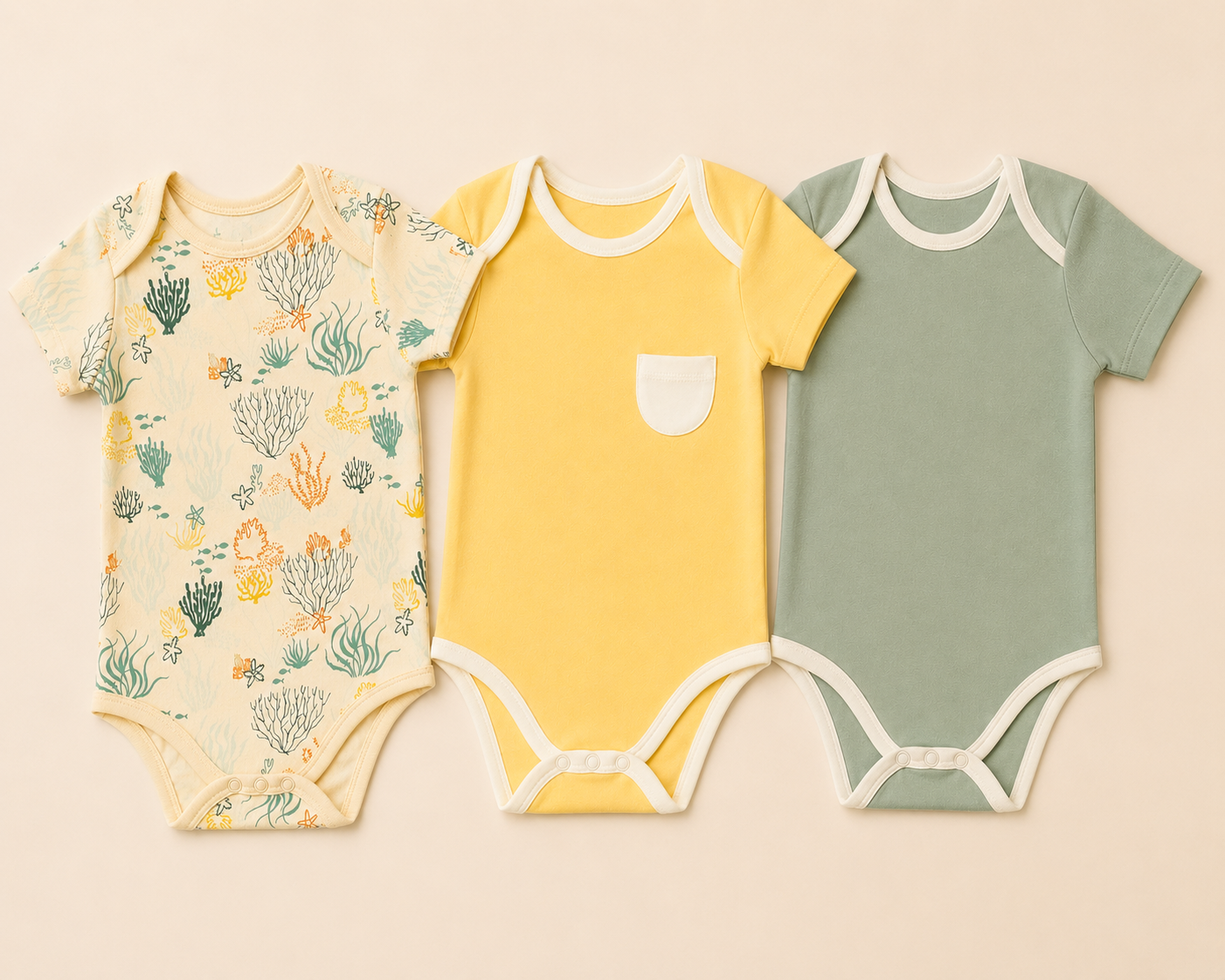 Organic Cotton Half Sleeve Onesie Bundle (Pack of 3) | Yellow, Green & Reef Print | Itsyboo (Copy)