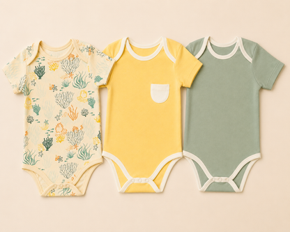 Organic Cotton Half Sleeve Onesie Bundle (Pack of 3) | Yellow, Green & Reef Print | Itsyboo (Copy)