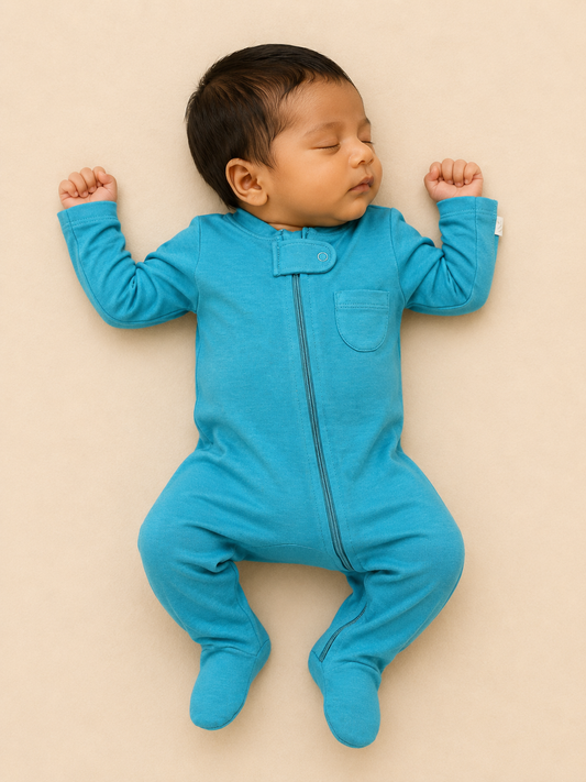 Blue Organic Cotton Baby Footsie with Booties