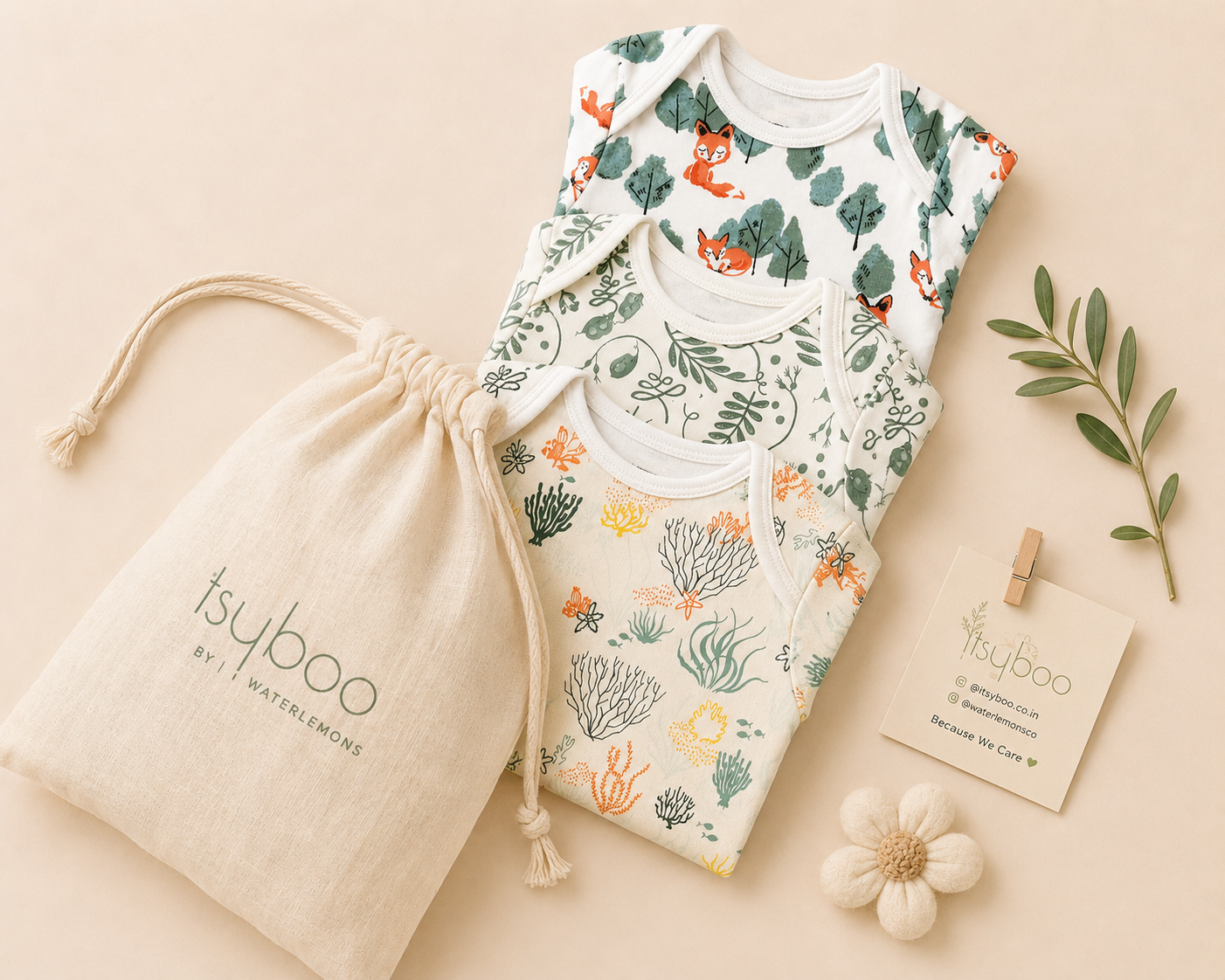 Organic Cotton Half Sleeve Onesie Bundle (Pack of 3) | Lentil, Fox & Reef Print | Itsyboo (Copy) (Copy)