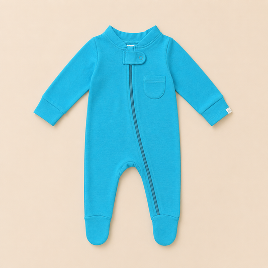 Blue Organic Cotton Baby Footsie with Booties