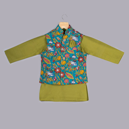 Green Printed Jacket and Kurta Pyjama