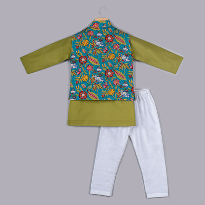 Green Printed Jacket and Kurta Pyjama