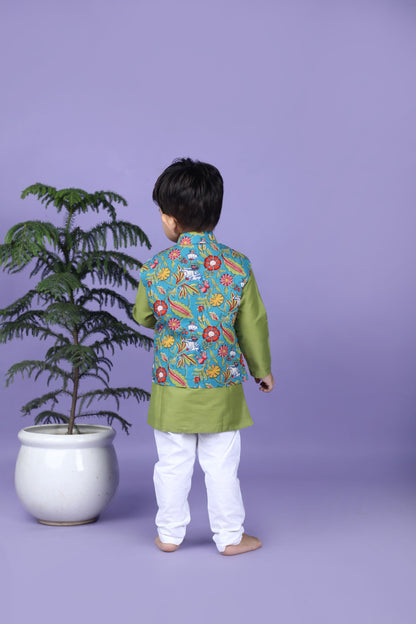 Green Printed Jacket and Kurta Pyjama