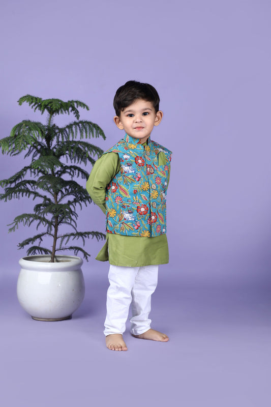 Green Printed Jacket and Kurta Pyjama