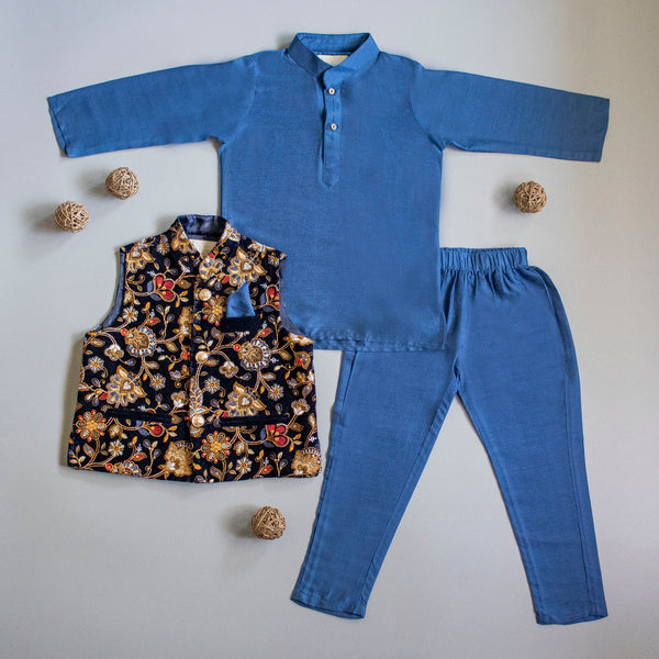 Ethnic Kurta With Navy Blue Pocket Square Velvet Jacket And Pyjama