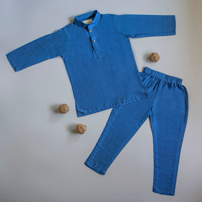 Ethnic Kurta With Navy Blue Pocket Square Velvet Jacket And Pyjama
