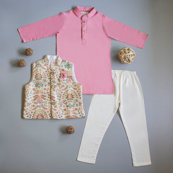 Floral Printed Thread Work Jacket With Pink Kurta And Pyjama