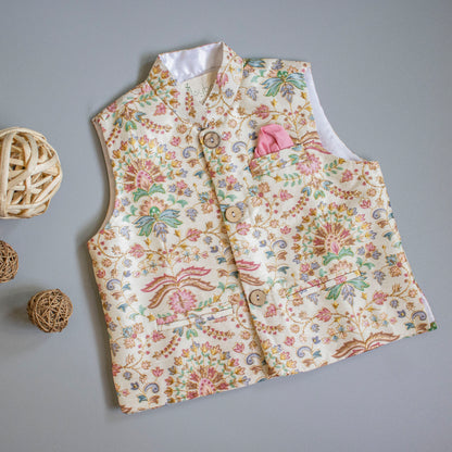 Floral Printed Thread Work Jacket With Pink Kurta And Pyjama