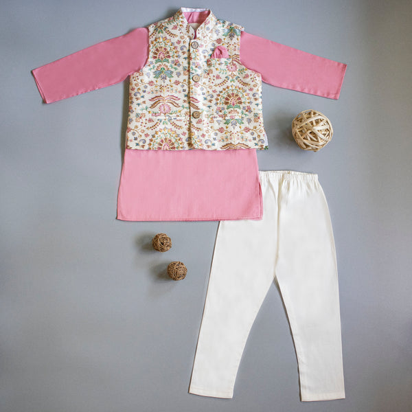 Floral Printed Thread Work Jacket With Pink Kurta And Pyjama