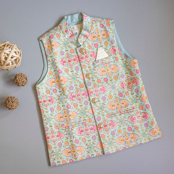 Floral Printed Thread Work Jacket With Blue Kurta And Pyjama