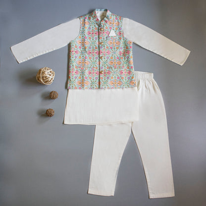 Floral Printed Thread Work Blue Jacket With Cream Kurta And Pyjama