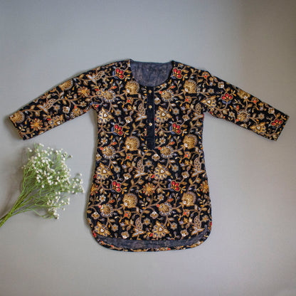 Intricate Embroidered Navy Blue High Low Kurti And Tulip Dhoti With Matching Gota Lace Work Dupatta