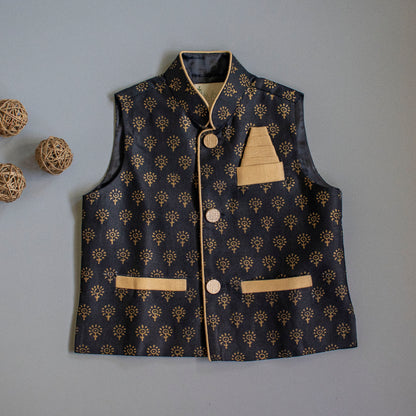 Black Block Printed Jacket with Beige Kurta Pyjama- - ITSYBOO