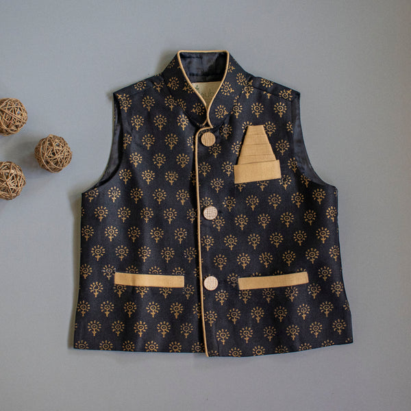 Black Block Printed Jacket with Beige Kurta Pyjama-