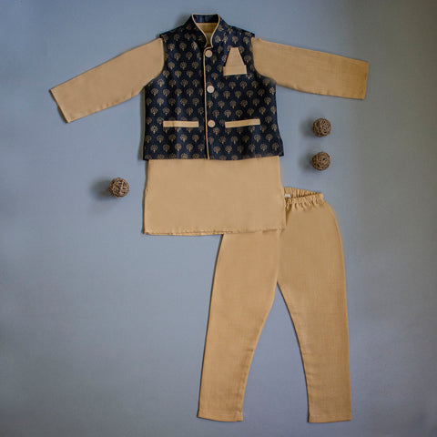 Black Block Printed Jacket with Beige Kurta Pyjama-