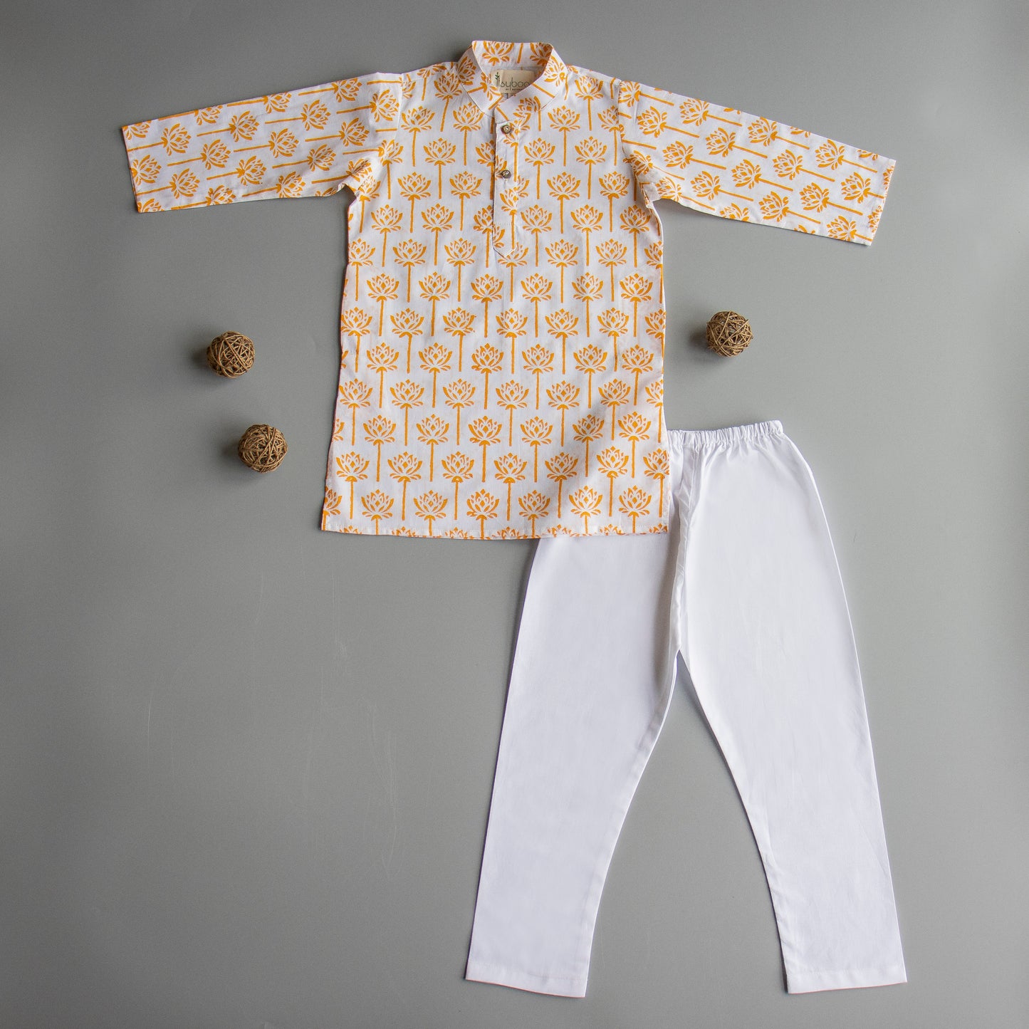 Yellow Lotus Block Print Kurta Pyjama