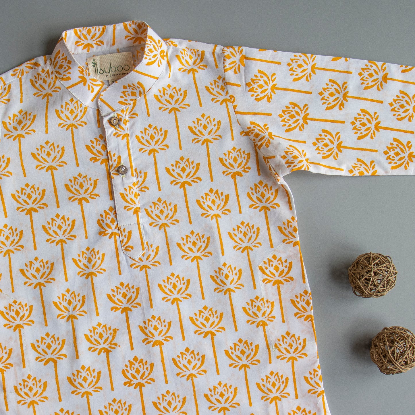 Yellow Lotus Block Print Kurta Pyjama