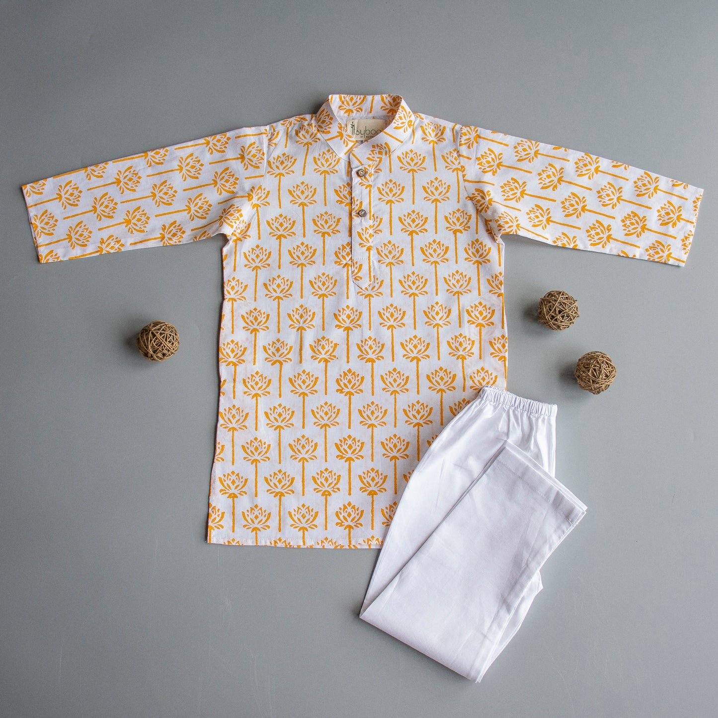 Yellow Lotus Block Print Kurta Pyjama