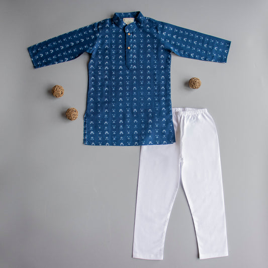 Blue Block Print Kurta Pyjama (Small Lotus)