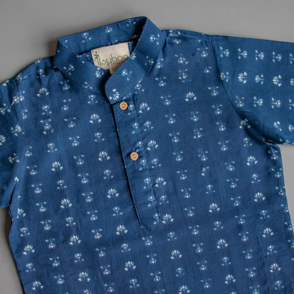 Blue Block Print Kurta Pyjama (Small Lotus) - ITSYBOO