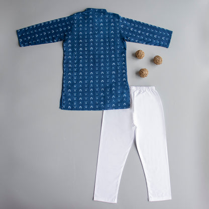Blue Block Print Kurta Pyjama (Small Lotus) - ITSYBOO