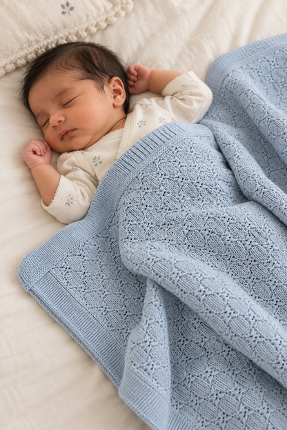 Knit Blanket - Light Blue Cable