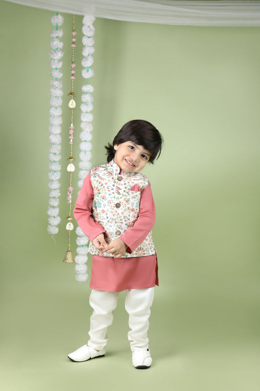 Floral Printed Thread Work Jacket With Pink Kurta And Pyjama