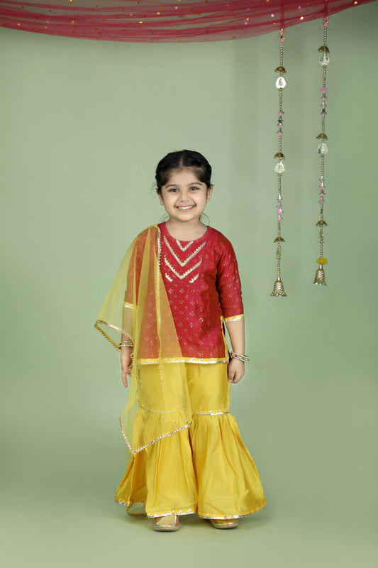 Crimson Pink and Yellow Sharara Set