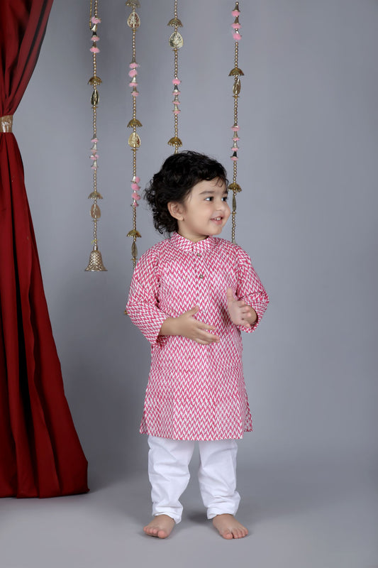 Pink Zig Zag Hand Block Printed Kurta And Pyjama