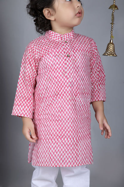 Pink Zig Zag Hand Block Printed Kurta And Pyjama - ITSYBOO