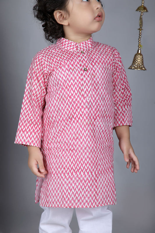 Pink Zig Zag Hand Block Printed Kurta And Pyjama - ITSYBOO