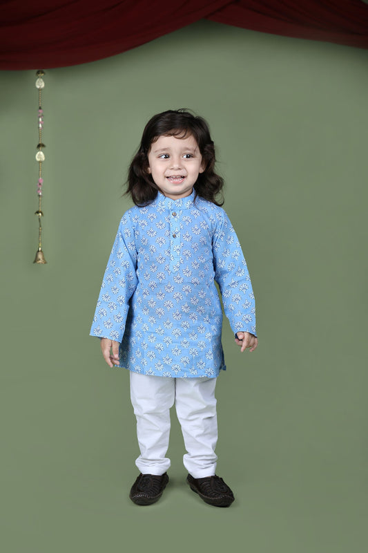 Blue Floral Block Printed Kurta And Pyjama