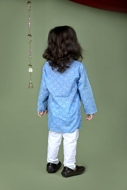 Blue Floral Block Printed Kurta And Pyjama